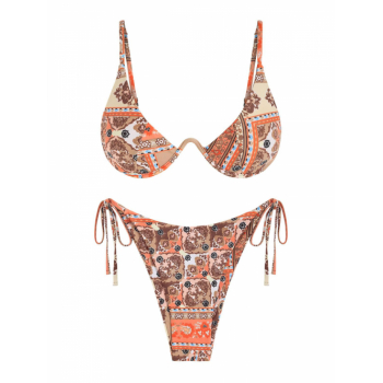 ZAFUL Ethnic Print Tie Side Monowire Bikini Swimwear L Coffee