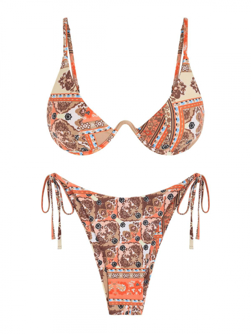 ZAFUL Ethnic Print Tie Side Monowire Bikini Swimwear L Coffee