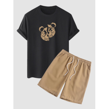 ZAFUL Men's Men's Bear Print Short Sleeve T Shirt and Basic Casual Shorts Set Light coffee