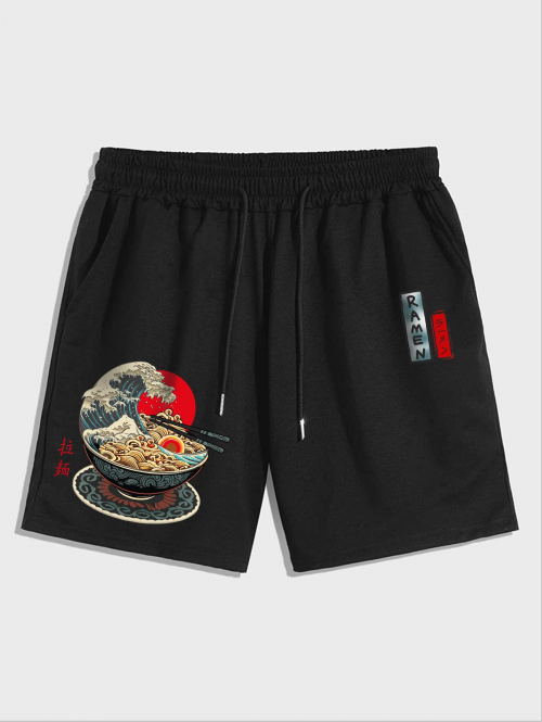 Men's Athleisure Casual Sea Waves Chinese Characters Letter Graphic Print Drawstring Sweat Shorts M Black