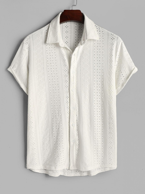 ZAFUL Men's Men's See-through Openwork Button Front Short Sleeves Shirt L White