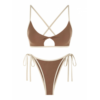 ZAFUL Contrast Binding Twist Cut Out Criss Cross String Bikini Swimwear S Coffee