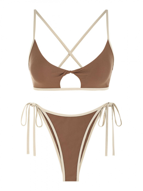 ZAFUL Contrast Binding Twist Cut Out Criss Cross String Bikini Swimwear S Coffee