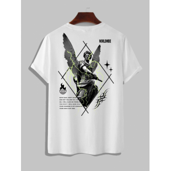 ZAFUL Men's Men's Letter Slogan Angle Wings Sculpture Pattern Short Sleeves Crew Neck T-shirt L White