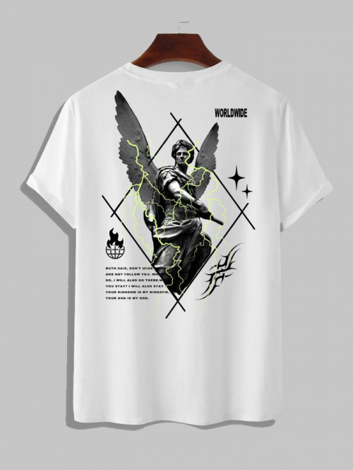 ZAFUL Men's Men's Letter Slogan Angle Wings Sculpture Pattern Short Sleeves Crew Neck T-shirt L White