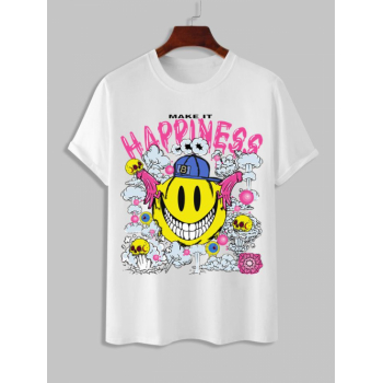 ZAFUL Men's Men's Cartoon HAPPINESS Smile Face Skulls Graphic Pattern Short Sleeves T-shirt L White