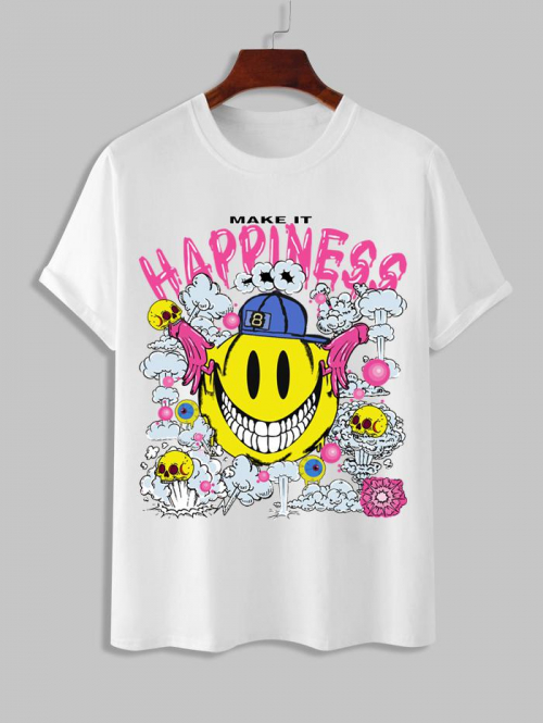 ZAFUL Men's Men's Cartoon HAPPINESS Smile Face Skulls Graphic Pattern Short Sleeves T-shirt L White