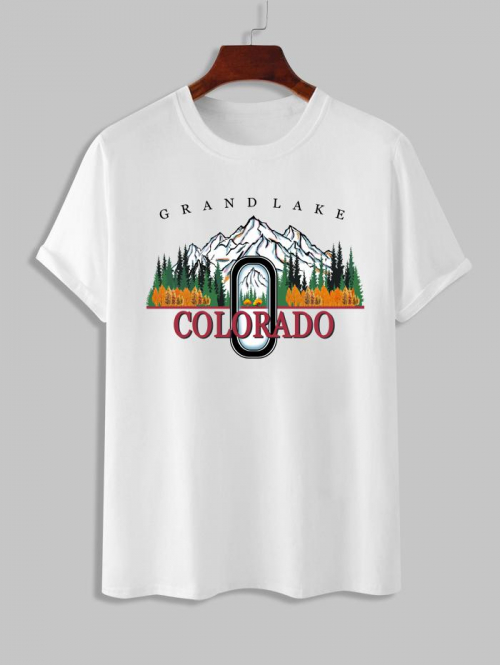 ZAFUL Men's Men's Casual GRAND LAKE COLORADO Landscape Graphic Crew Neck Short Sleeves Cotton T Shirt M White