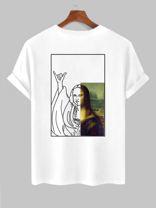 ZAFUL Men's Men's Funny Mona Lisa Picture Pattern Short Sleeves Crew Neck T-shirt Xl White