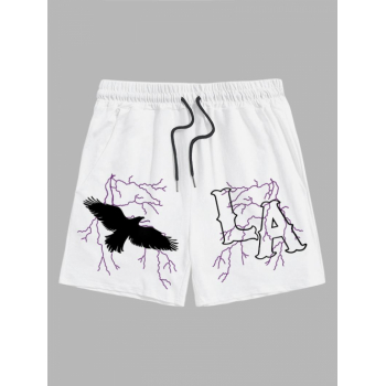 Letter LA Eagle Graphic Printed Drawstring Casual Shorts L White