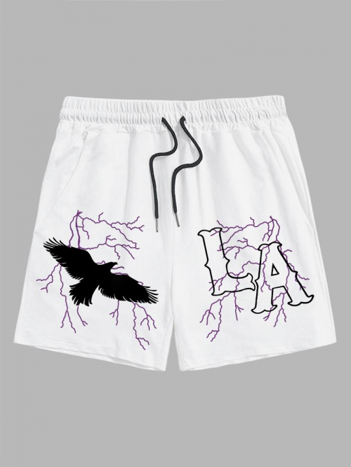 Letter LA Eagle Graphic Printed Drawstring Casual Shorts L White