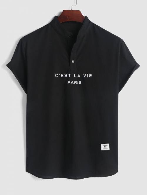 ZAFUL Men's ZAFUL C'EST LA VIE PARIS Embroidered Short Sleeves Pullover Shirt L Black