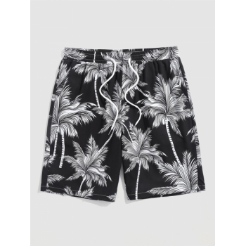 ZAFUL Men's Hawaiian Coconut Trees Pattern Drawstring Vacation Board Shorts L Black