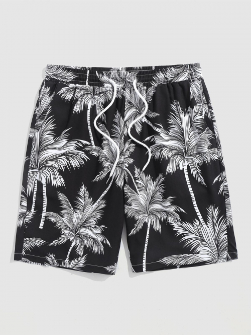 ZAFUL Men's Hawaiian Coconut Trees Pattern Drawstring Vacation Board Shorts L Black