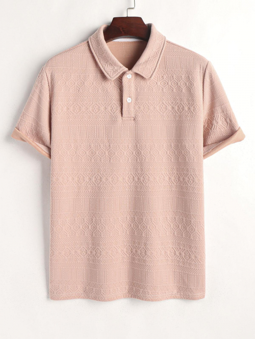 ZAFUL Men's ZAFUL Geometric Jacquard Textured Quarter Button Polo Collared Short Sleeves T Shirt Xl Light pink