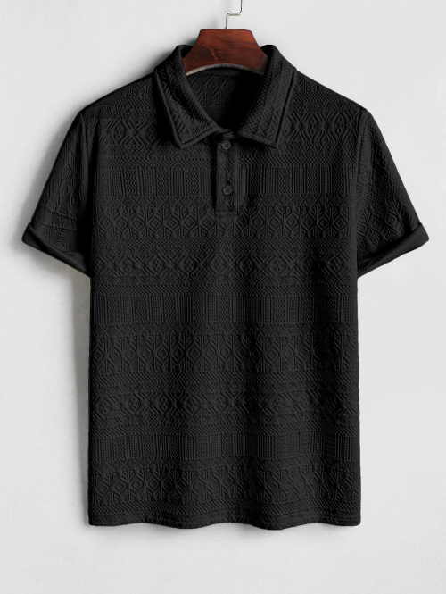 ZAFUL Men's ZAFUL Geometric Jacquard Textured Quarter Button Polo Collared Short Sleeves T Shirt 2xl Black