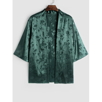 ZAFUL Men's ZAFUL Men's Silky Satin Rose Printed Open Front Kimono Shirt M Deep green