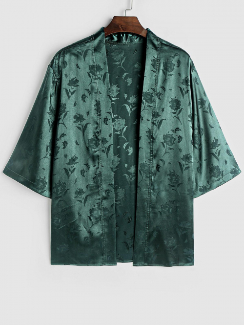 ZAFUL Men's ZAFUL Men's Silky Satin Rose Printed Open Front Kimono Shirt M Deep green