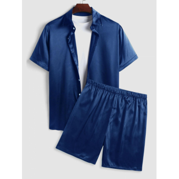 ZAFUL Men's Solid Color Silky Satin Short Sleeves Shirt and Shorts Set L Deep blue