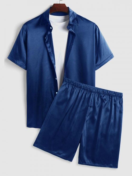 ZAFUL Men's Solid Color Silky Satin Short Sleeves Shirt and Shorts Set L Deep blue