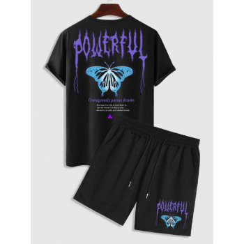 ZAFUL Men's Men's Co Ord POWERFUL Butterfly Graphic Pattern Short Sleeves T-shirt with Drawstring Shorts Set Black