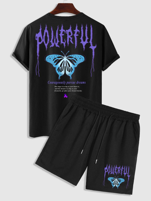 ZAFUL Men's Men's Co Ord POWERFUL Butterfly Graphic Pattern Short Sleeves T-shirt with Drawstring Shorts Set Black