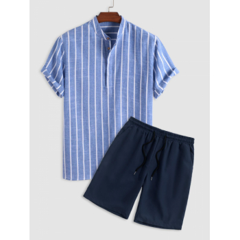 ZAFUL Men's Men's Half Buttoned Casual Vertical Striped Office Pullover Shirt and Basic Casual Shorts Set Blue