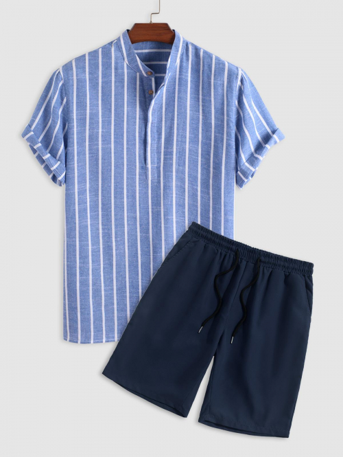 ZAFUL Men's Men's Half Buttoned Casual Vertical Striped Office Pullover Shirt and Basic Casual Shorts Set Blue