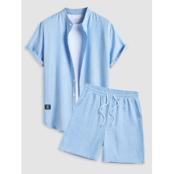 ZAFUL Men's Stand Collar Applique Decor Heathered Basic Shirt with Drawstring Shorts Set Light blue