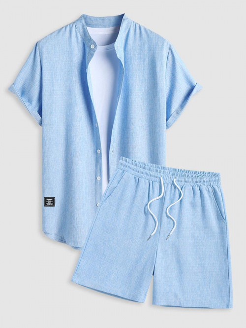 ZAFUL Men's Stand Collar Applique Decor Heathered Basic Shirt with Drawstring Shorts Set Light blue