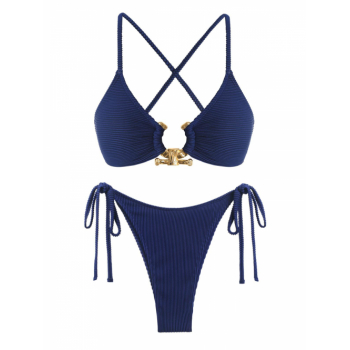 ZAFUL Women's Metal Ring Decor Textured Criss Cross Back Tied Side Tanga Bikini Set Two Piece Swimwear L Deep blue