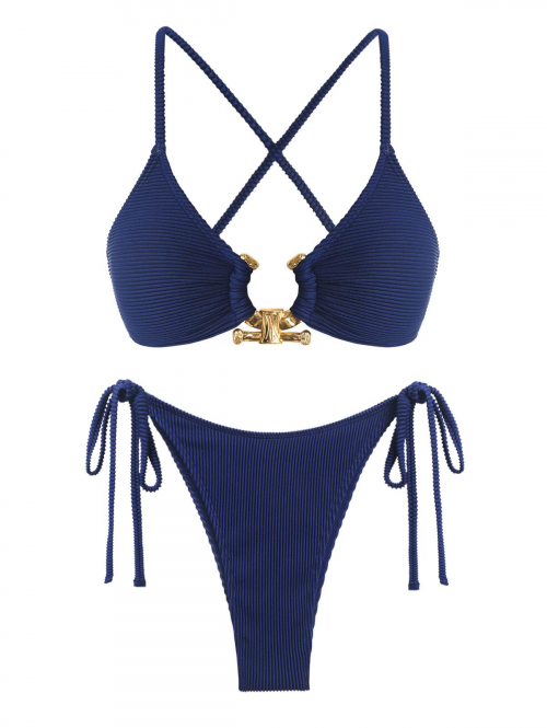 ZAFUL Women's Metal Ring Decor Textured Criss Cross Back Tied Side Tanga Bikini Set Two Piece Swimwear L Deep blue