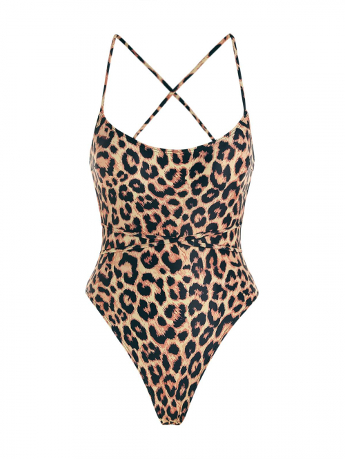 ZAFUL Women's Criss Cross Tied Floss Strappy Snake Animal Print High Leg One-piece Swimsuit L Coffee