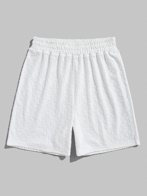 ZAFUL Men's Casual Geometric Jacquard Textured Terry Cloth Elastic Waist Shorts M White