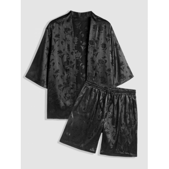 ZAFUL Men's Men's Two Piece Outfits Silky Satin Rose Printed Open Front Kimono Shirt and Casual Shorts Set Black