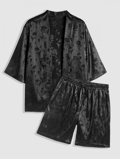 ZAFUL Men's Men's Two Piece Outfits Silky Satin Rose Printed Open Front Kimono Shirt and Casual Shorts Set Black