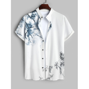 ZAFUL Men's Men's Chinese Ink Wash Painting Plant Pattern Button Front Short Sleeves Shirt L White