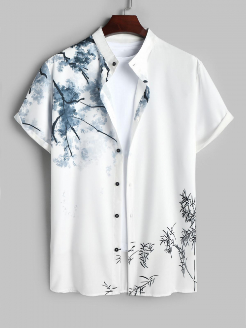 ZAFUL Men's Men's Chinese Ink Wash Painting Plant Pattern Button Front Short Sleeves Shirt L White