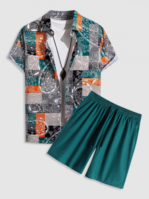 ZAFUL Men's Men's Ethnic Striped Checks Floral Print Pattern Block Short Sleeves Shirt Drawstring Basic Shorts Set M Deep green