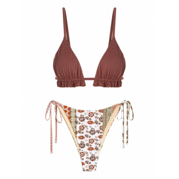 Women's Mix and Match Ruffles Textured String Triangle Boho Ethnic Floral Print Tie Side Tanga Bikini Set Swimwear Deep coffee