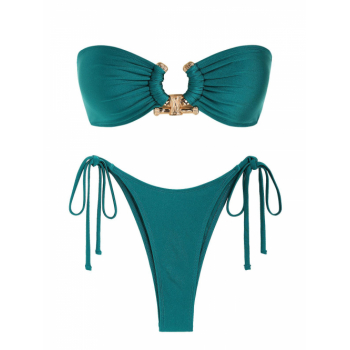 ZAFUL Women's Tie Side Shiny O Ring Metal Hardware High Cut Tanga Bandeau Bikini Set Swimwear L Green