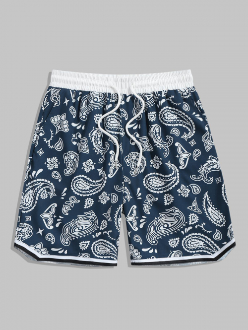 ZAFUL Men's Vintage Ethnic Paisley Floral Print Drawstring Summer Beach Vacation Shorts M Deep blue