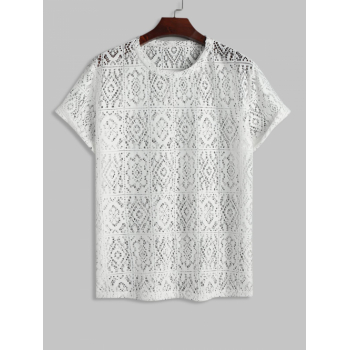 ZAFUL Men's ZAFUL Men's See Through Sheer Flower Lace Openwork Short Sleeves Club Party T-shirt L White