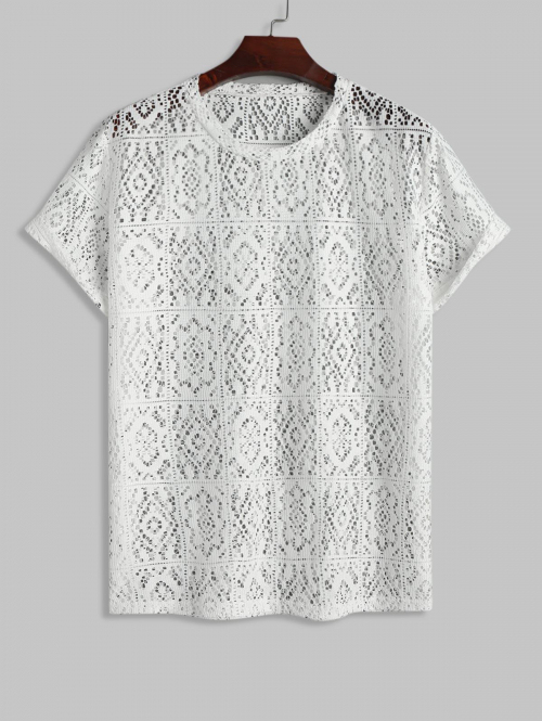 ZAFUL Men's ZAFUL Men's See Through Sheer Flower Lace Openwork Short Sleeves Club Party T-shirt L White