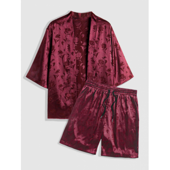 ZAFUL Men's Men's Two Piece Outfits Silky Satin Rose Printed Open Front Kimono Shirt and Casual Shorts Set Deep red