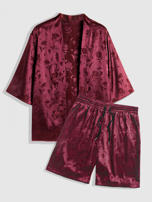 ZAFUL Men's Men's Two Piece Outfits Silky Satin Rose Printed Open Front Kimono Shirt and Casual Shorts Set Deep red