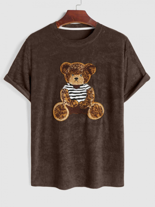 ZAFUL Men's Men's Terry Cloth Crew Neck Cartoon Bear Applique Casual Funny Short Sleeves T Shirt M Coffee