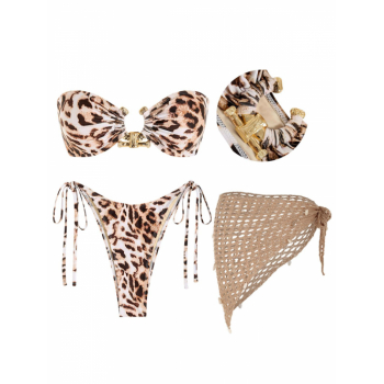 Women Three-Pieces Women's 3PC Set Swimwear Leopard Animal Print Tie Side Metal O Ring High Leg Tanga Bandeau Bikini Set Crochet Knit Shell Beach Saro