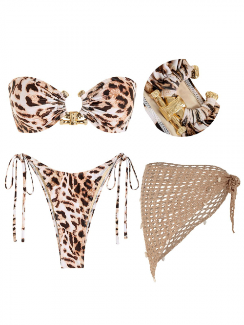 Women Three-Pieces Women's 3PC Set Swimwear Leopard Animal Print Tie Side Metal O Ring High Leg Tanga Bandeau Bikini Set Crochet Knit Shell Beach Saro