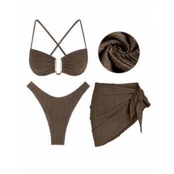 Women Three-Pieces U Metal Criss Cross High Leg Bikini Set With Beach Sarong 3PC Textured Swimwear Deep coffee